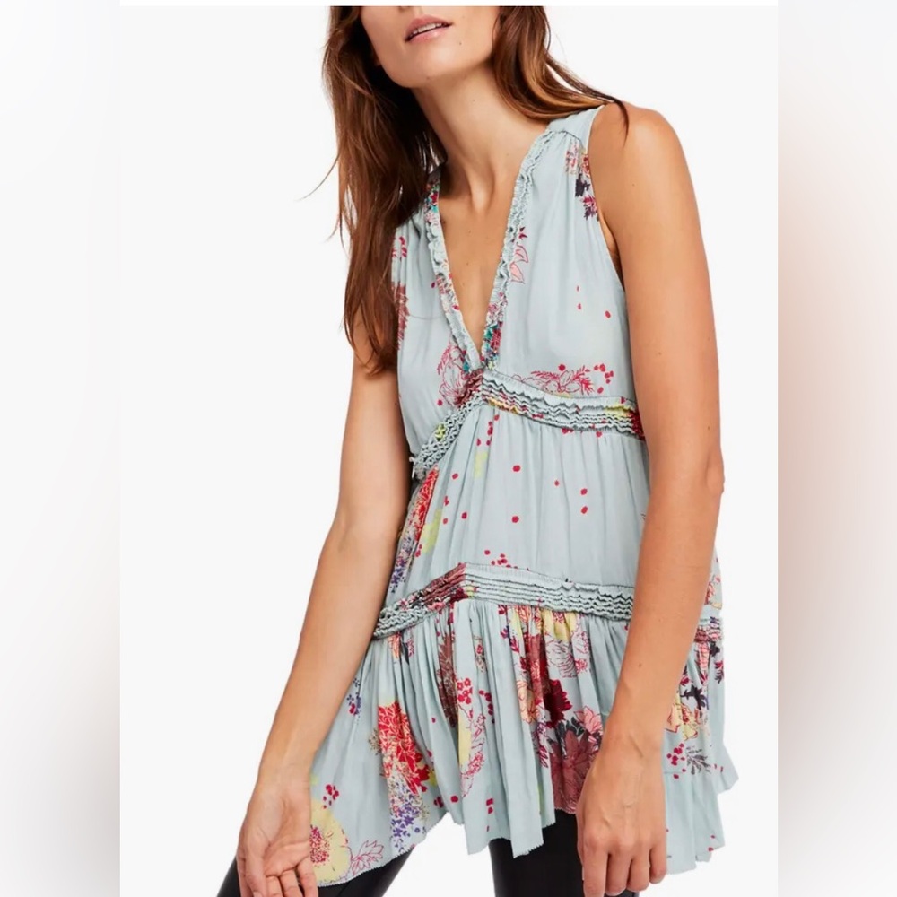 FREE PEOPLE Purple Haze BOHO Floral Sleeveless Tunic tank sz XS EXCELLENT